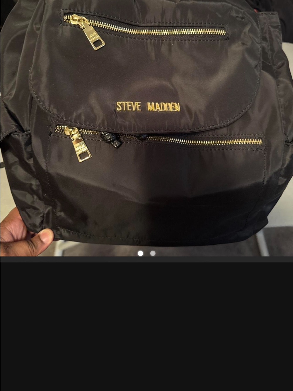 Steve Madden Black Nylon Backpack with Gold Accents